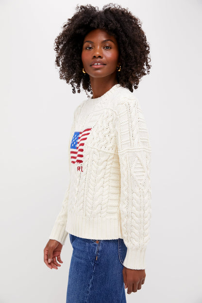 Cream American Flag Long Sleeve Pullover