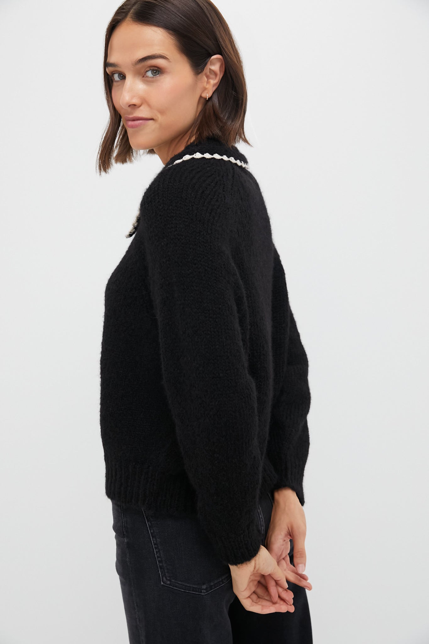 Black with Soft White Crochet Collar Pullover