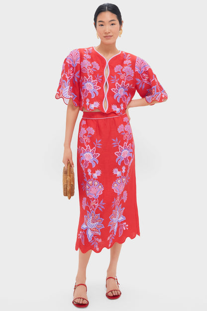 Porcelain Garden Red Midi Skirt