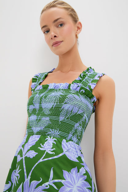 Tropical Swing Green Sleeveless Midi Dress