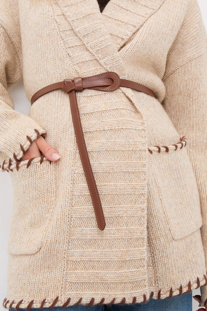 Sandstone Heather and Brown Blanket Stitch Harrow Cardigan