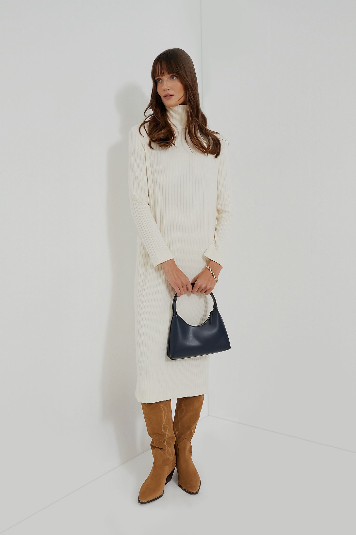 Creme Sweater Rib Turtleneck Dress