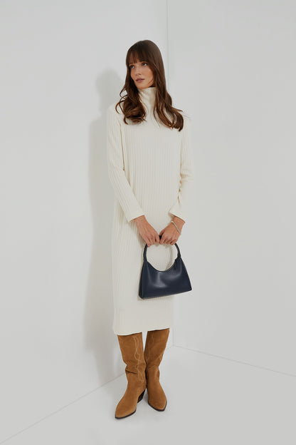 Creme Sweater Rib Turtleneck Dress