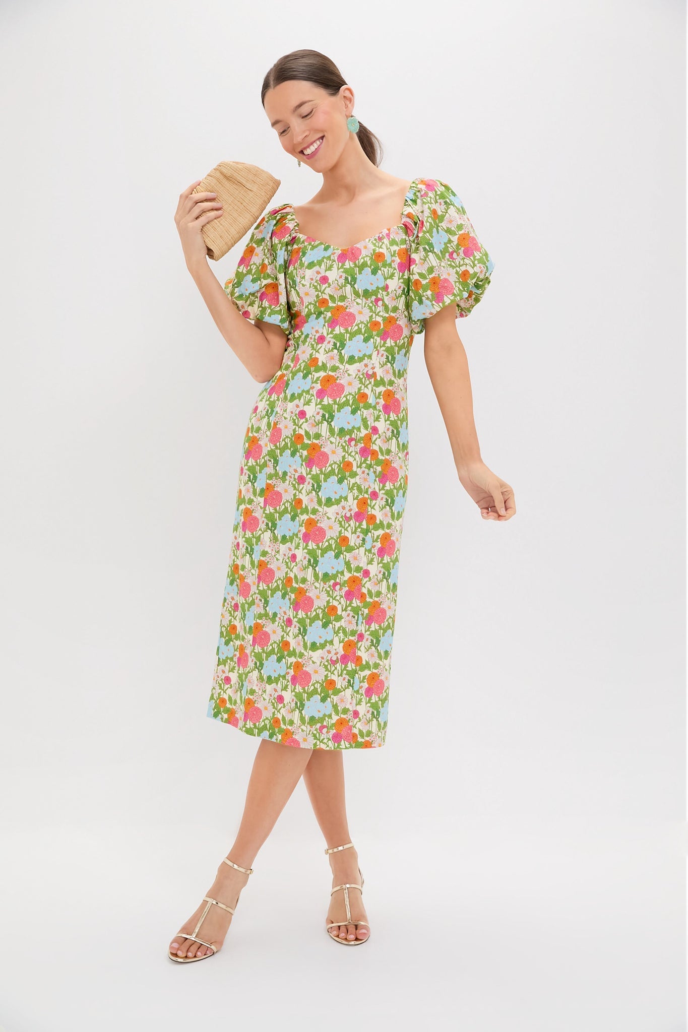 Green Multi Begonia Floral Sallie Midi Dress