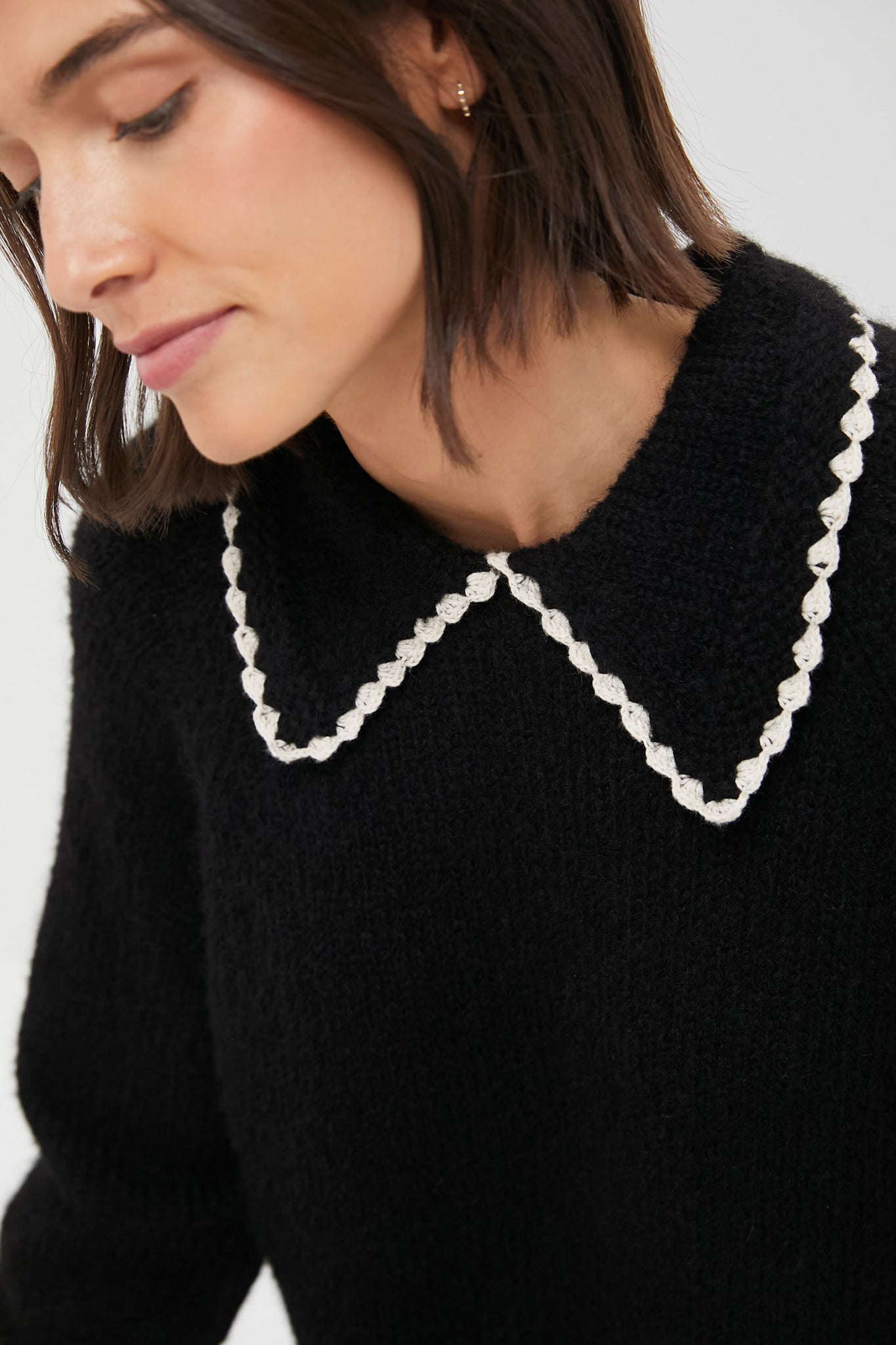 Black with Soft White Crochet Collar Pullover