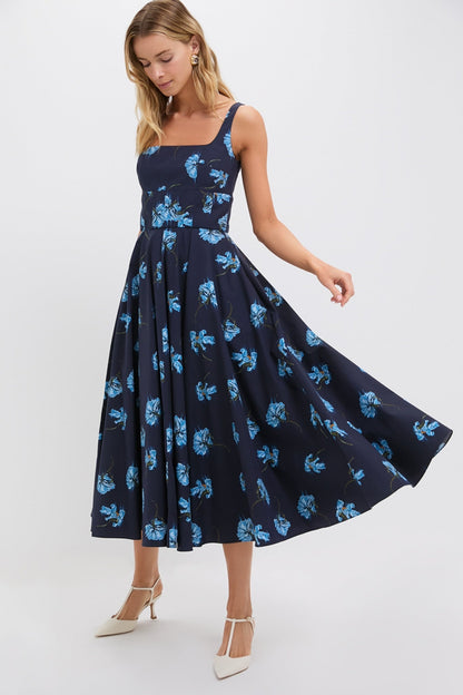Blue Flowers on Navy Mona Midi Dress