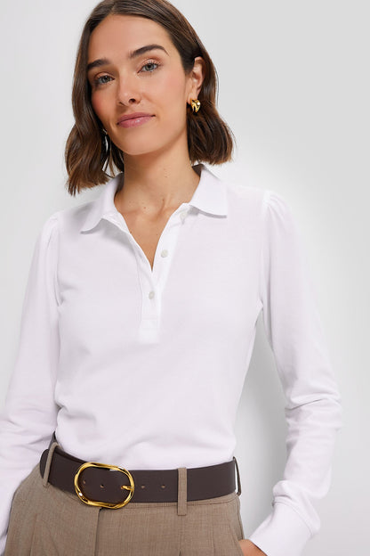 White Long Sleeve Pique Puff Sleeve Peggy Polo