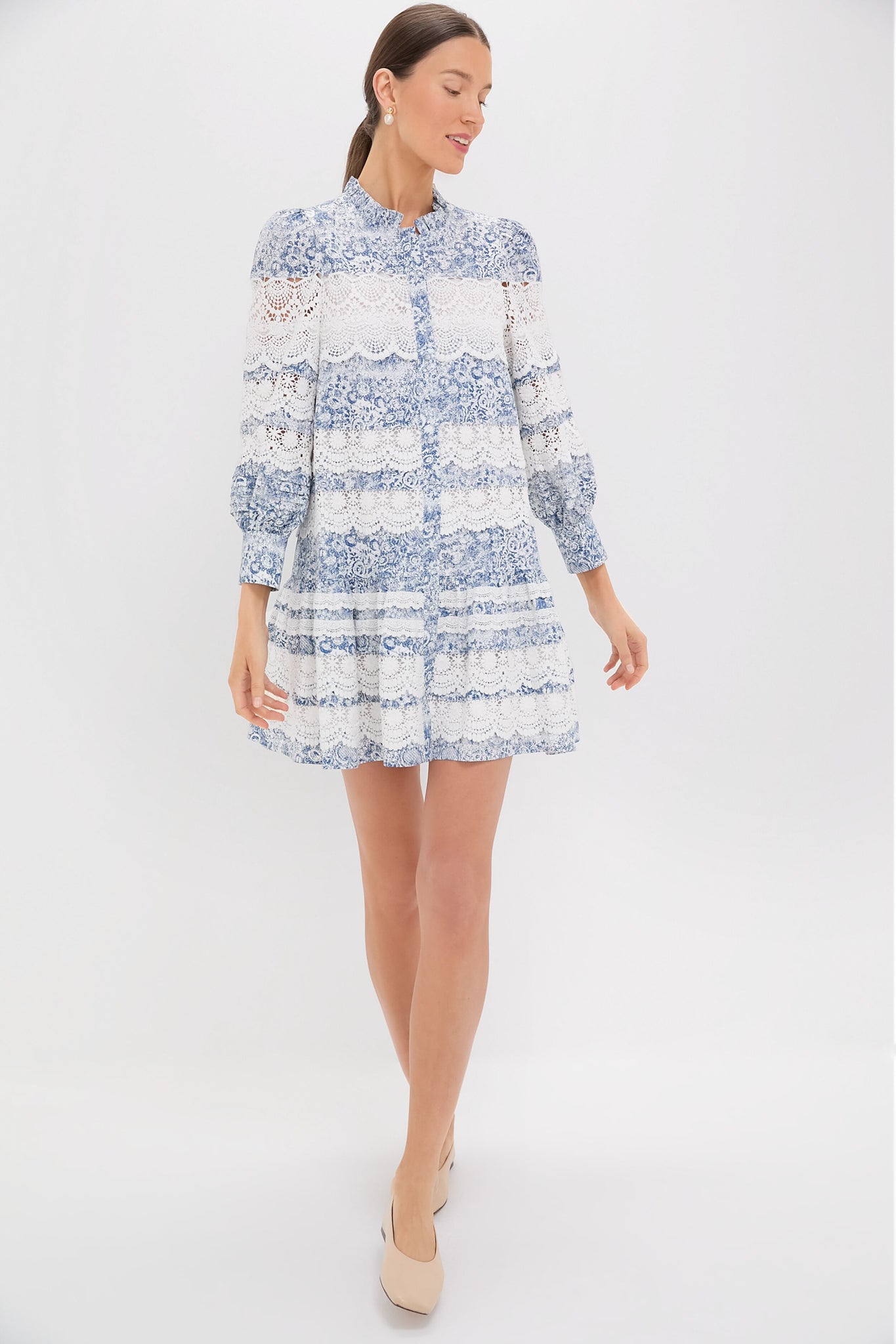 Lace Trim Blue Etched Floral Emmie Mini Dress