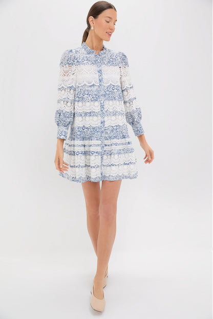 Lace Trim Blue Etched Floral Emmie Mini Dress