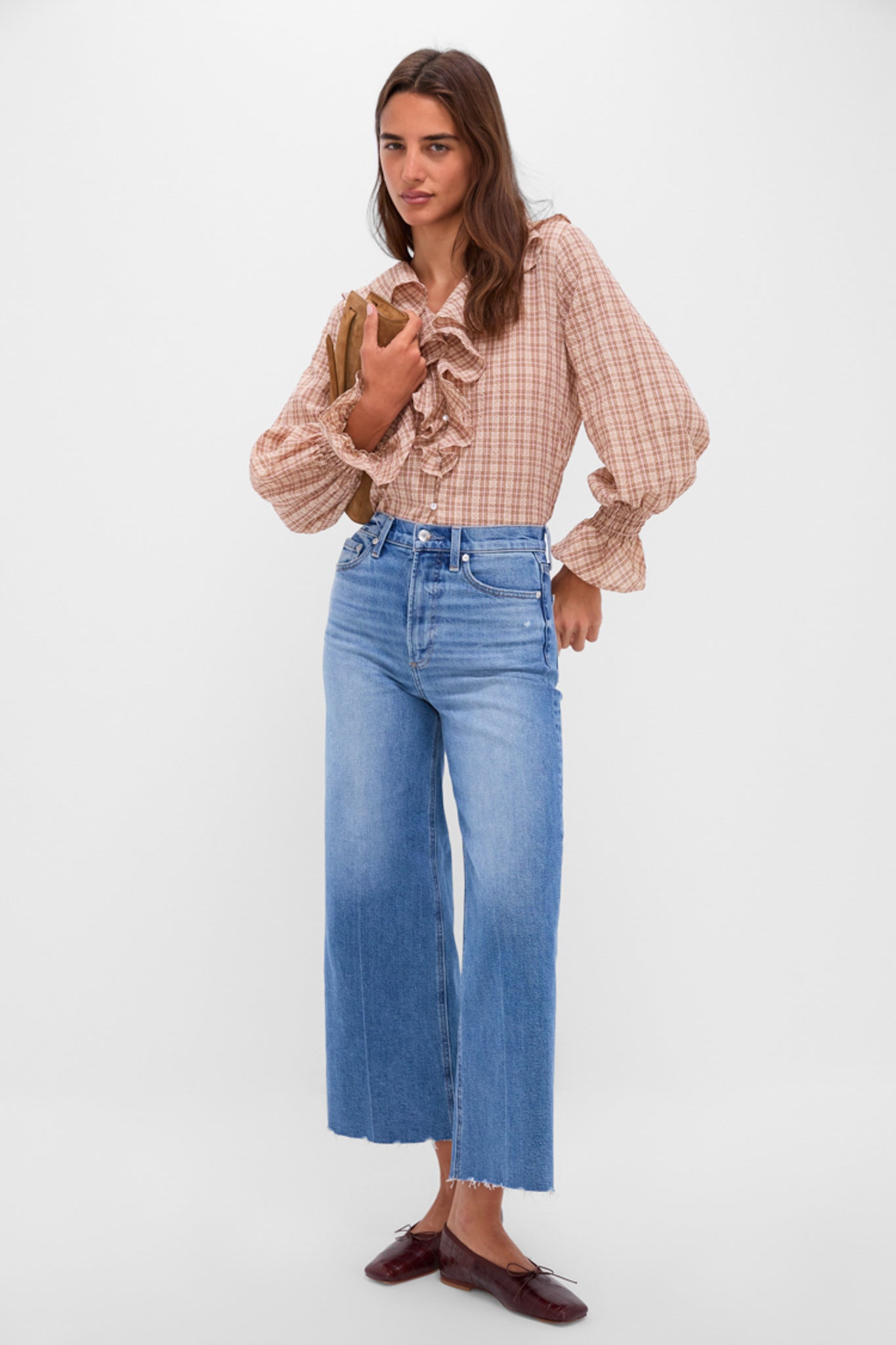 Tan and Pink Plaid V Neck Ruffle Eileen Button Down