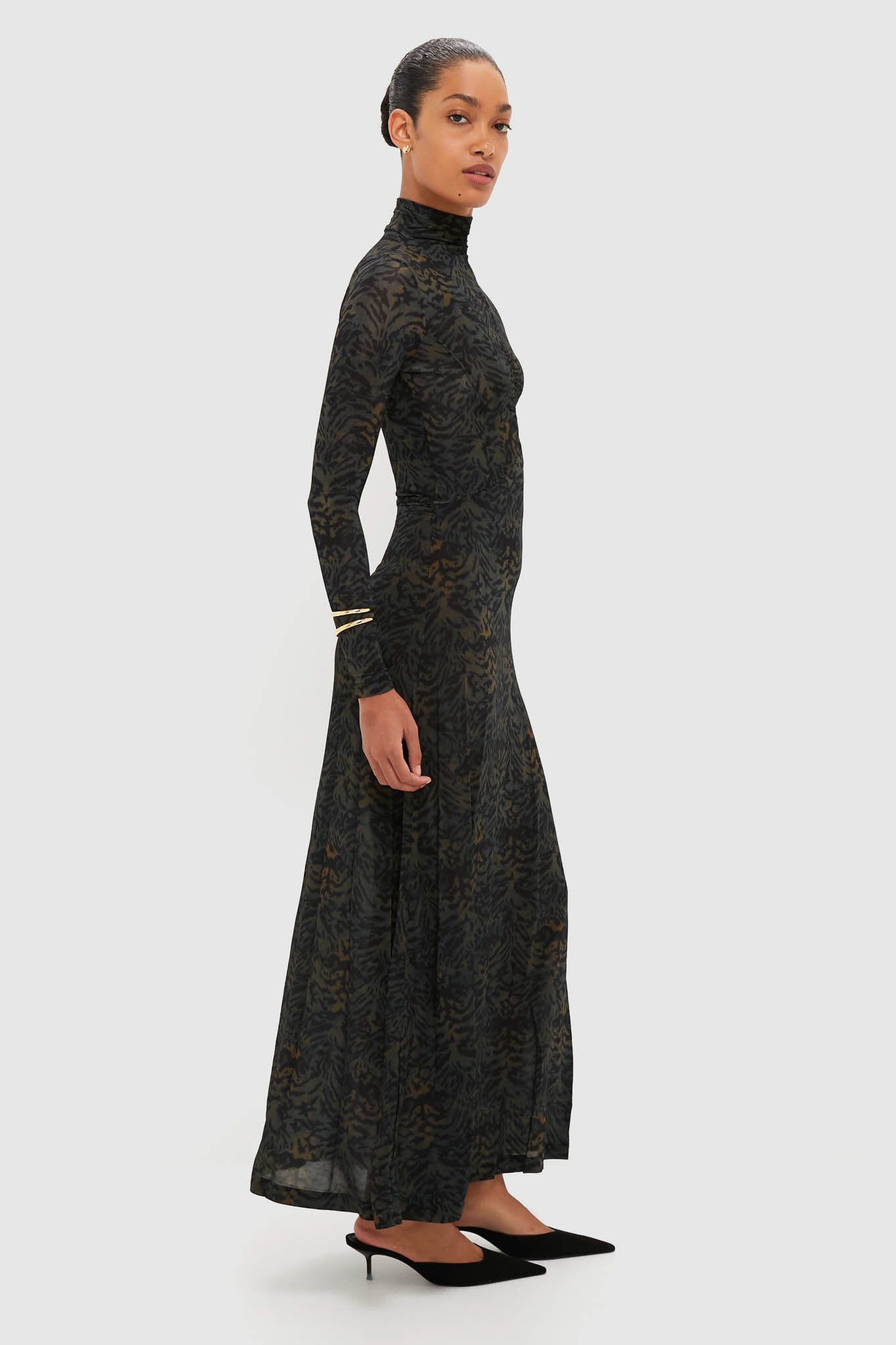 Desert Jasper Koa Jersey Ruched Front Turtleneck Dress