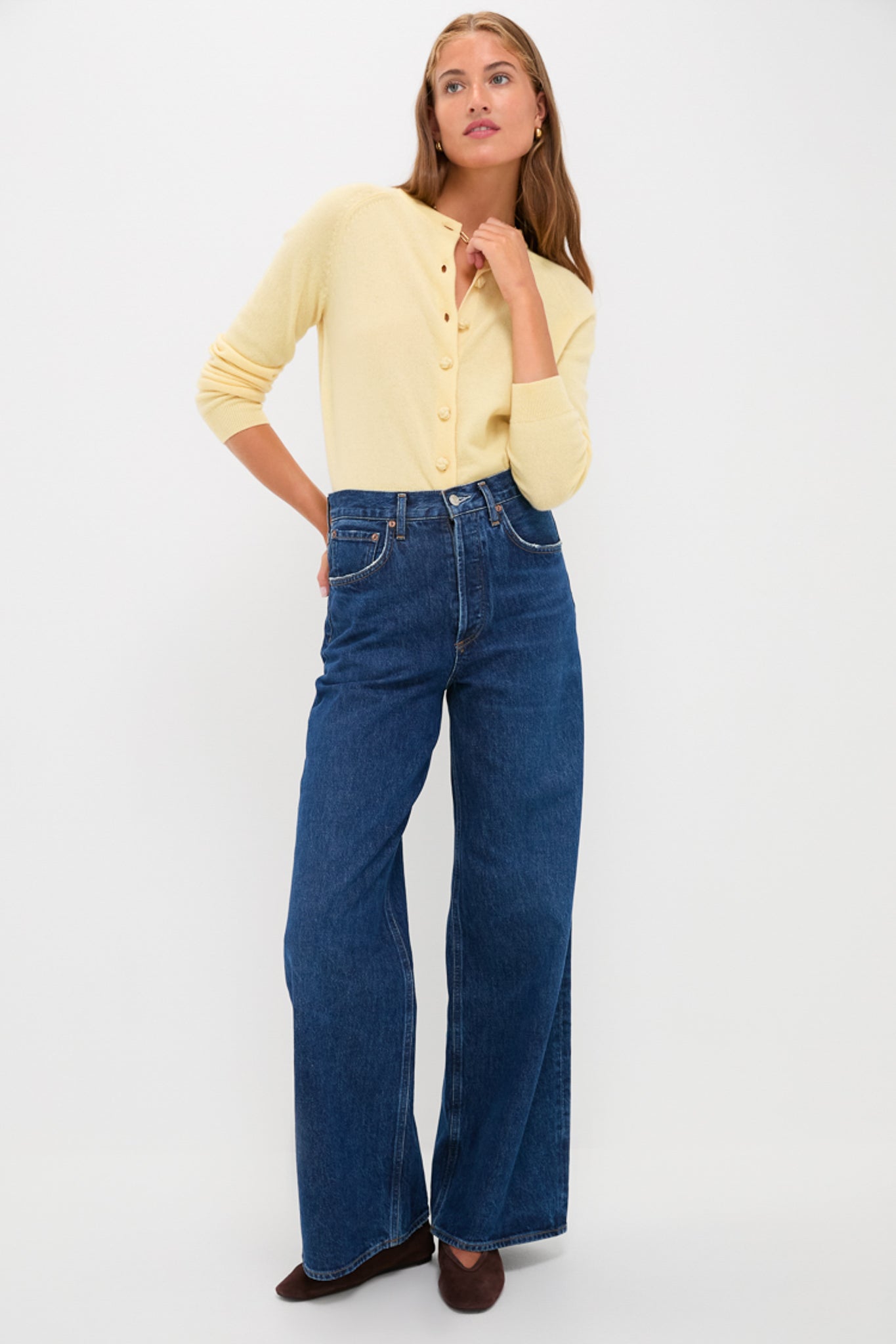 Butter Yellow Knot Button Cashmere Cardigan