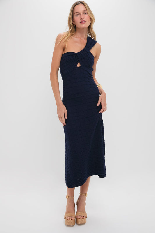 Navy Knit One Shoulder Nicole Midi Dress