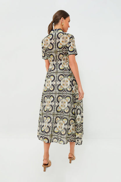 Navy Sundial Printed Cotton Shirtdress