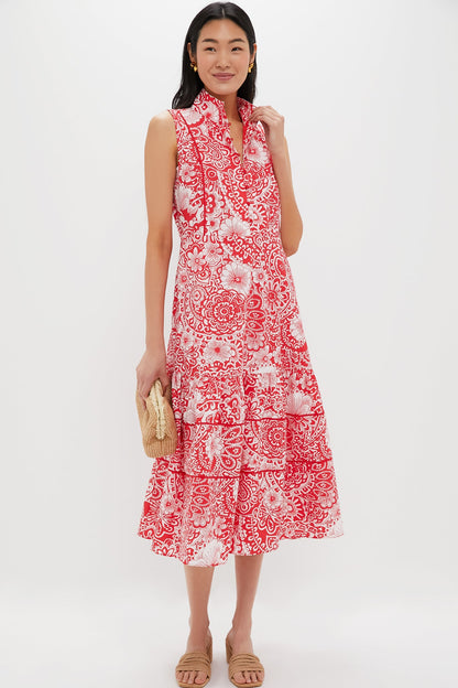 Sleeveless Red & White Floral Hillsborough Midi Dress