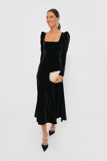 Black Velvet Jersey Puff Sleeve Maxi Dress