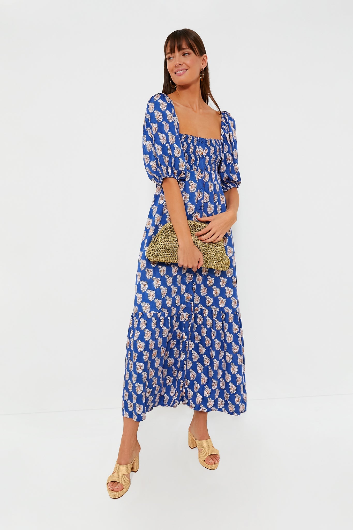 Blue Paisley Flower Satin Santiago Maxi Dress