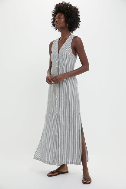 Deep Navy Striped Air Linen Button Down Maxi Dress