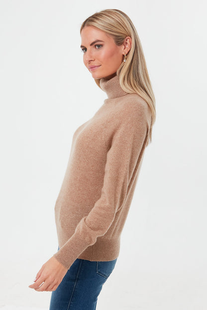 Camel Heather Ribbed Trim Cashmere Turtleneck