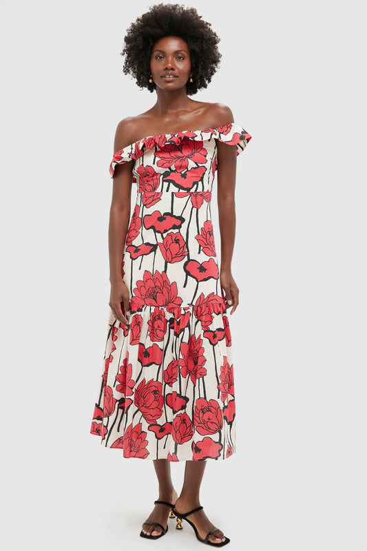 Red & Cream Floral Floral Off-the-Shoulder Giselle Dress