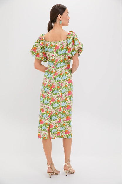 Green Multi Begonia Floral Sallie Midi Dress