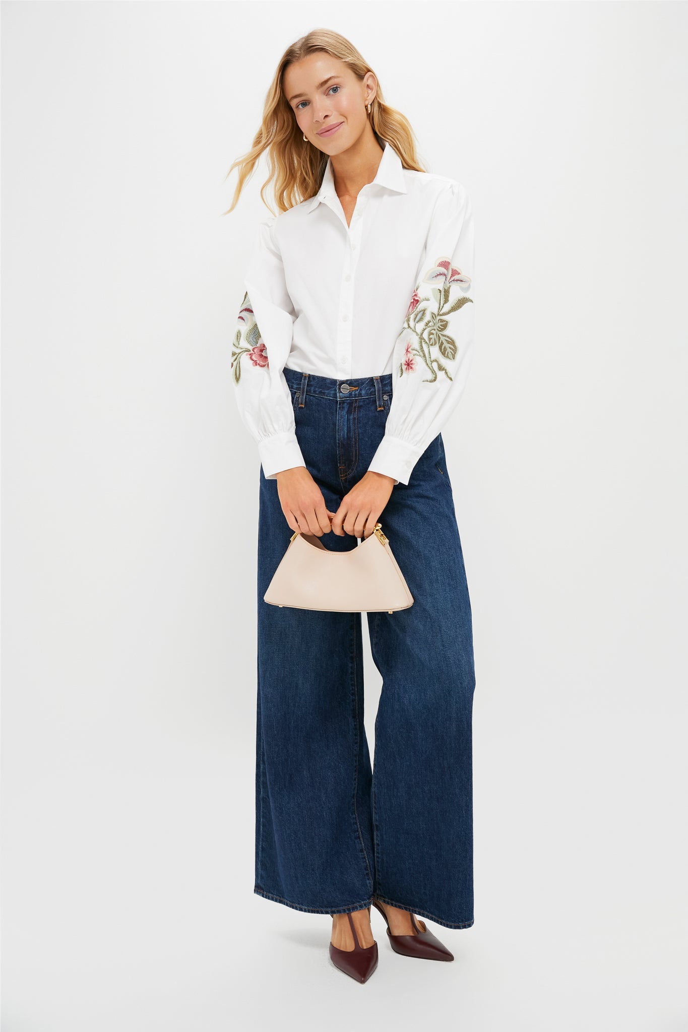 White Floral Embroidered Carolina Button Down