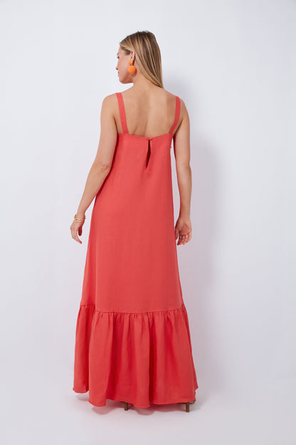 Red Cherry Bomb Solid Long Dress with Straps