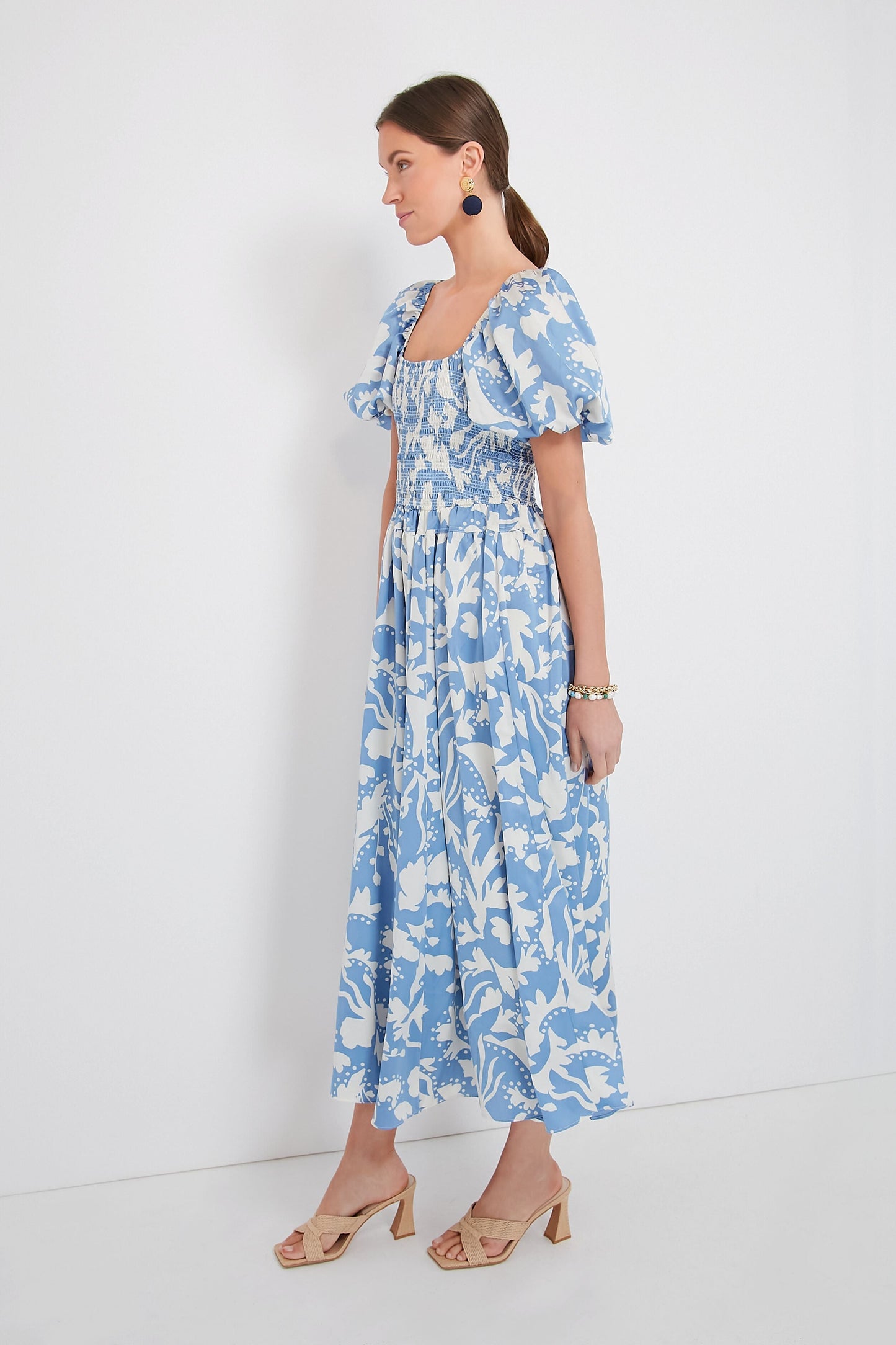 Blue Puff Sleeve Midi Dress