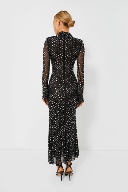 Black Square Rhinestone Mesh Midi Dress