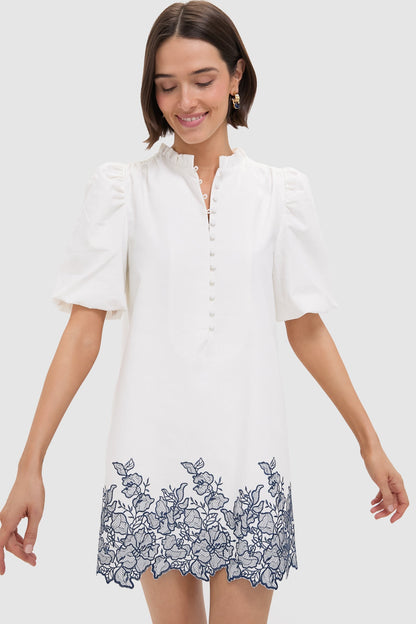 White & Navy Embroidery Mimi Mini Dress
