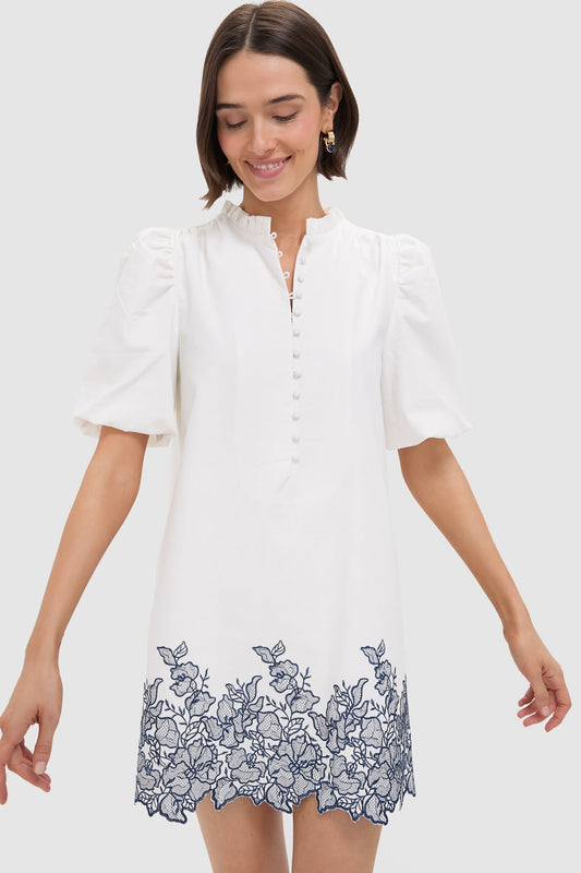 White & Navy Embroidery Mimi Mini Dress