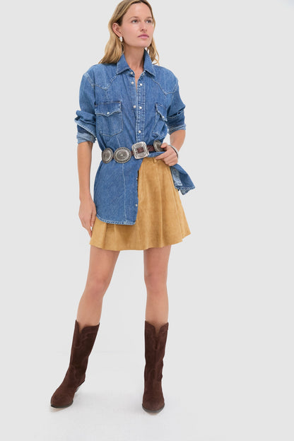 Gold Dust Cow Roughout Suede Leather Skin Mini A-Line Skirt