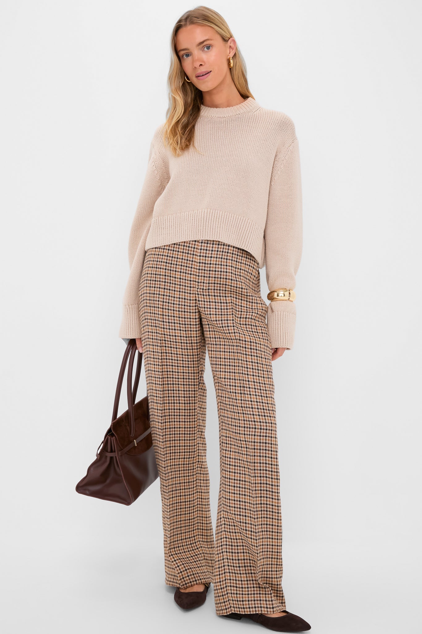 Country Plaid Linen Tweed Woven Standard Flare Pants