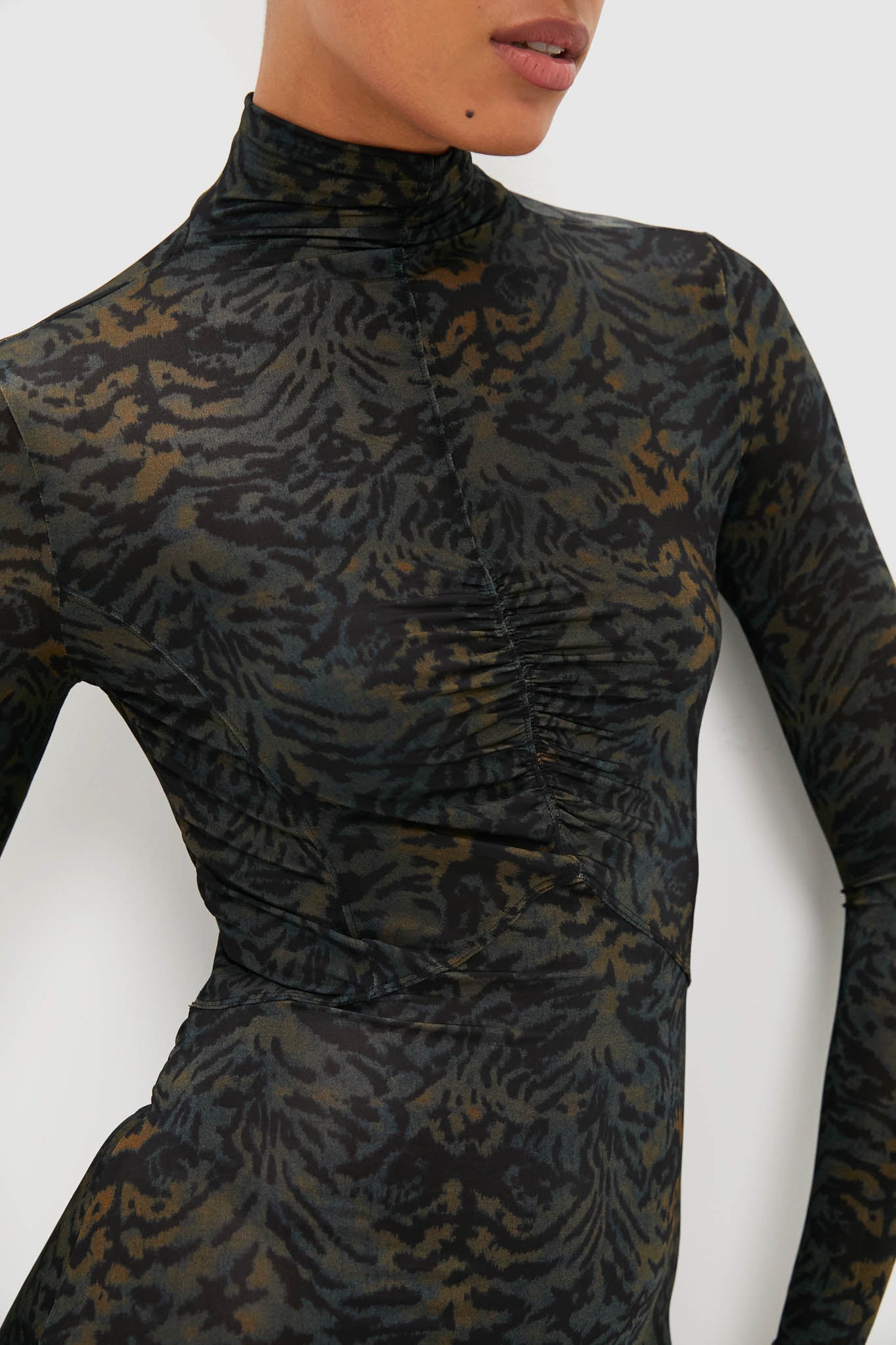Desert Jasper Koa Jersey Ruched Front Turtleneck Dress