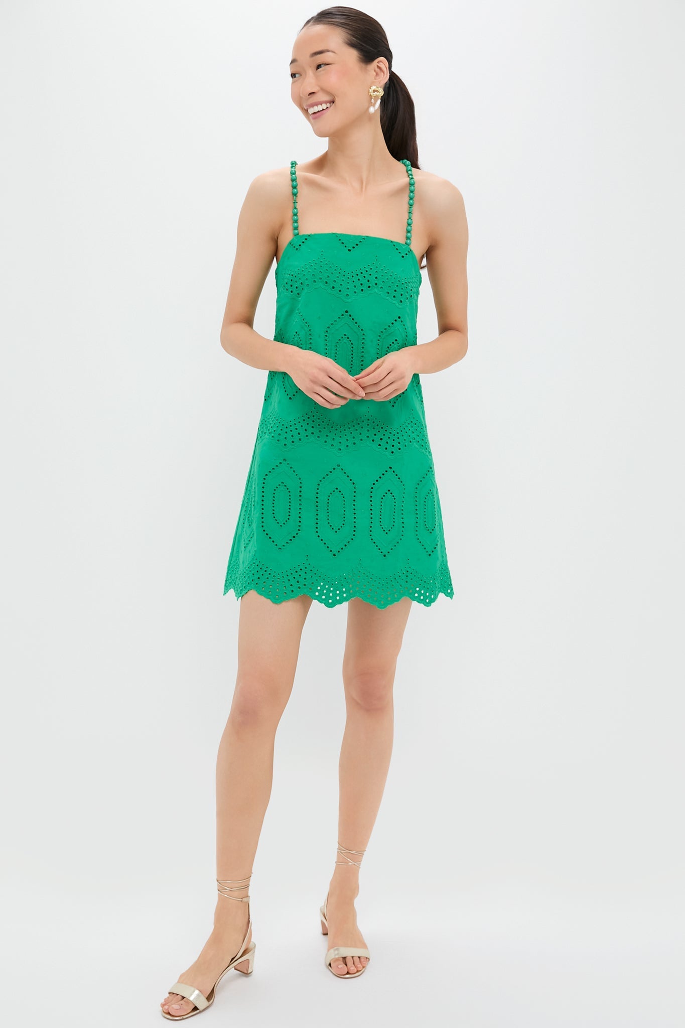 Green Eyelet Beaded Strap Mini Ibiza Dress