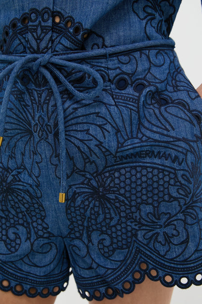Railway Blue Coco Embroidered Denim Short