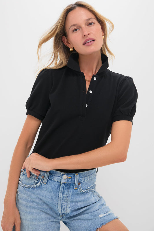 Black Pique Puff Sleeve Peggy Polo