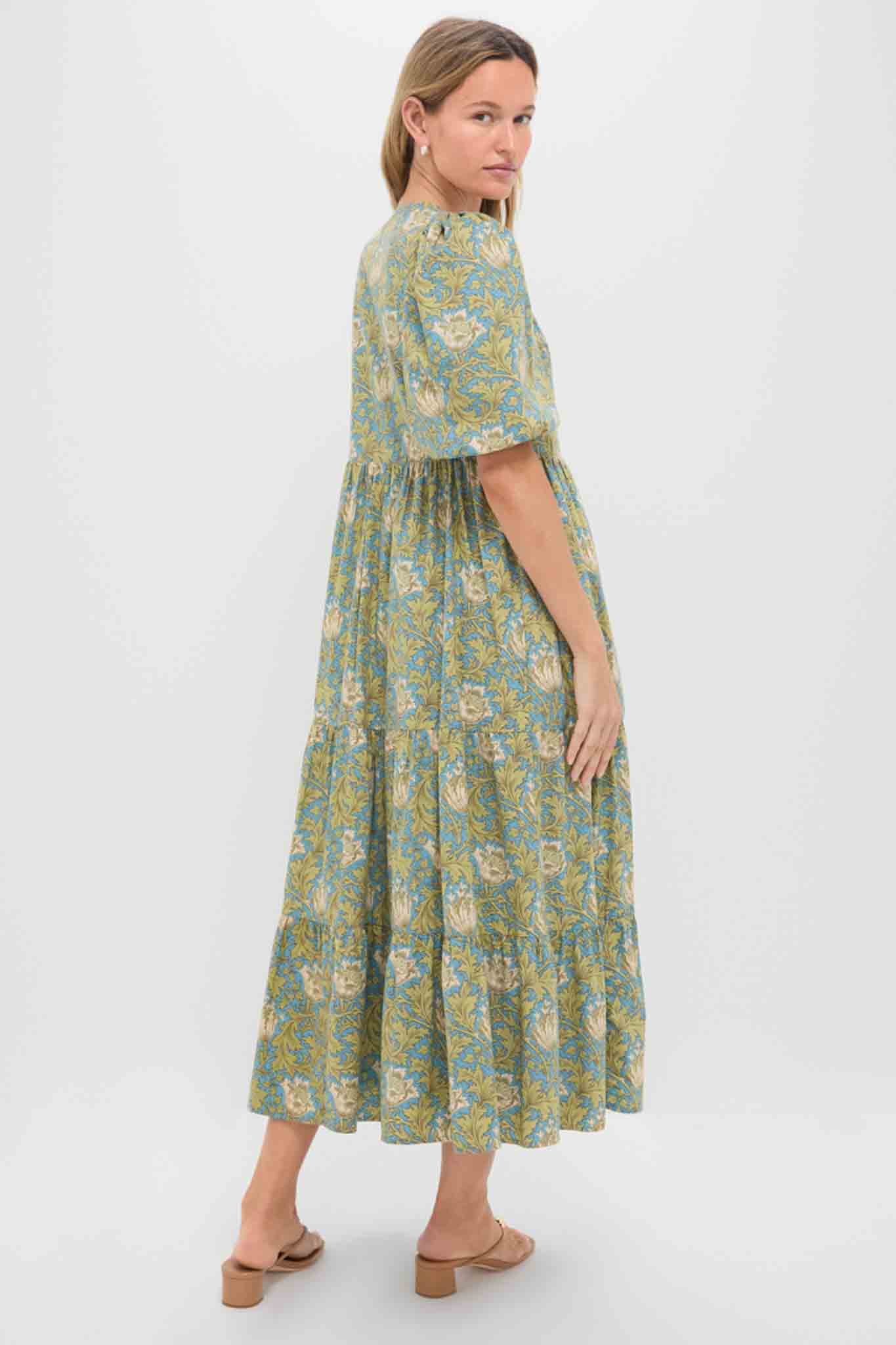 Blue and Green Leafy Floral Cisco Maxi Dress