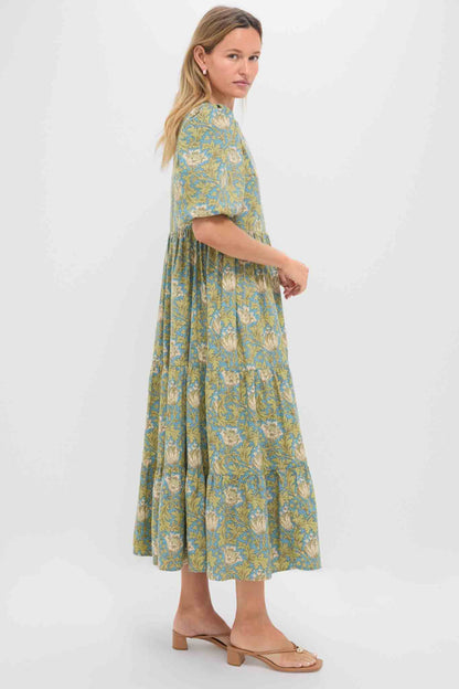 Blue and Green Leafy Floral Cisco Maxi Dress