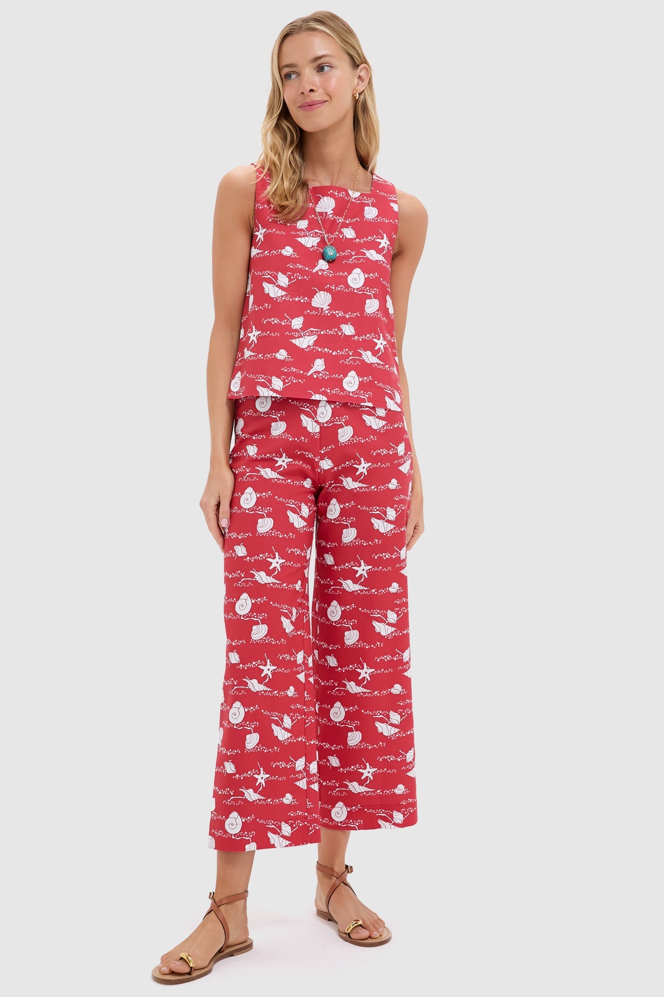 Red Shell High-Waisted Wide-Leg Pants