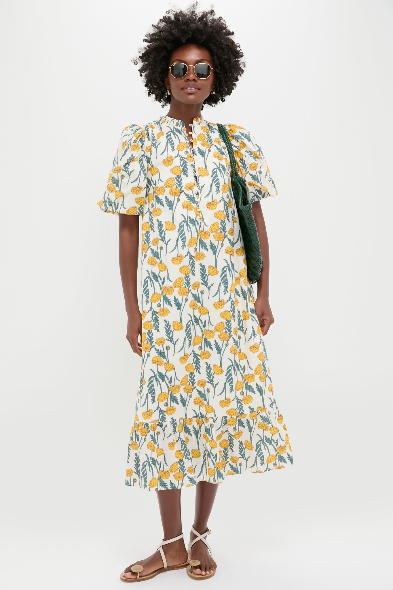 Yellow Amaryllis Floral Mimi Midi Dress