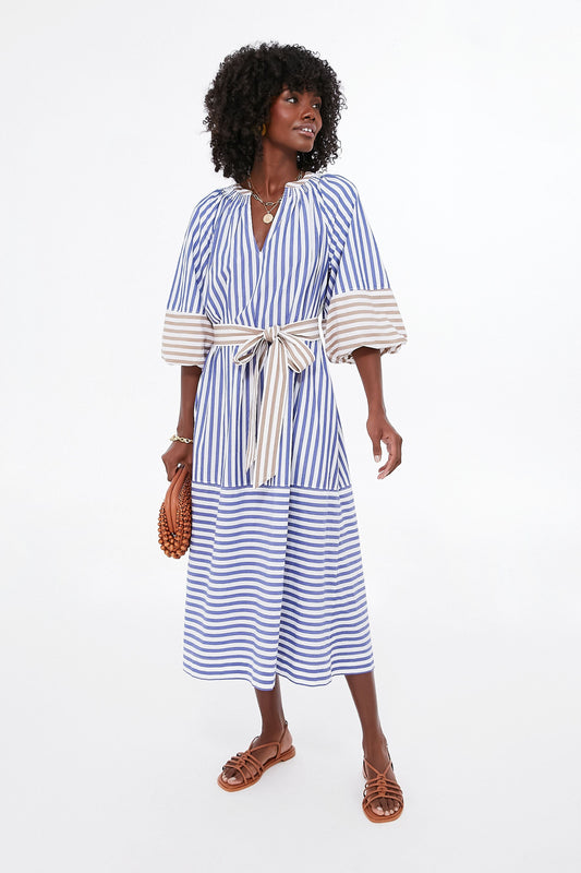 Tan and Blue Stripe Combo Sun Mesa Midi