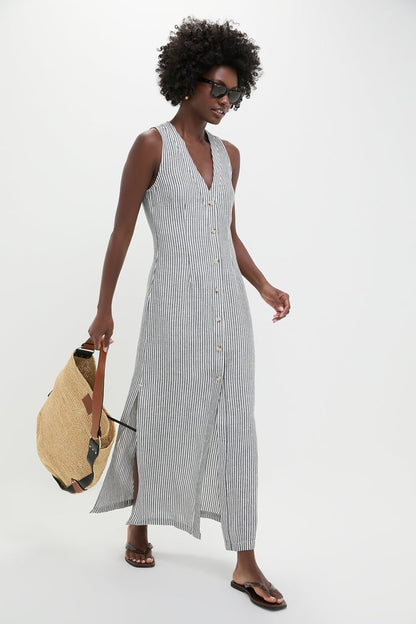 Deep Navy Striped Air Linen Button Down Maxi Dress