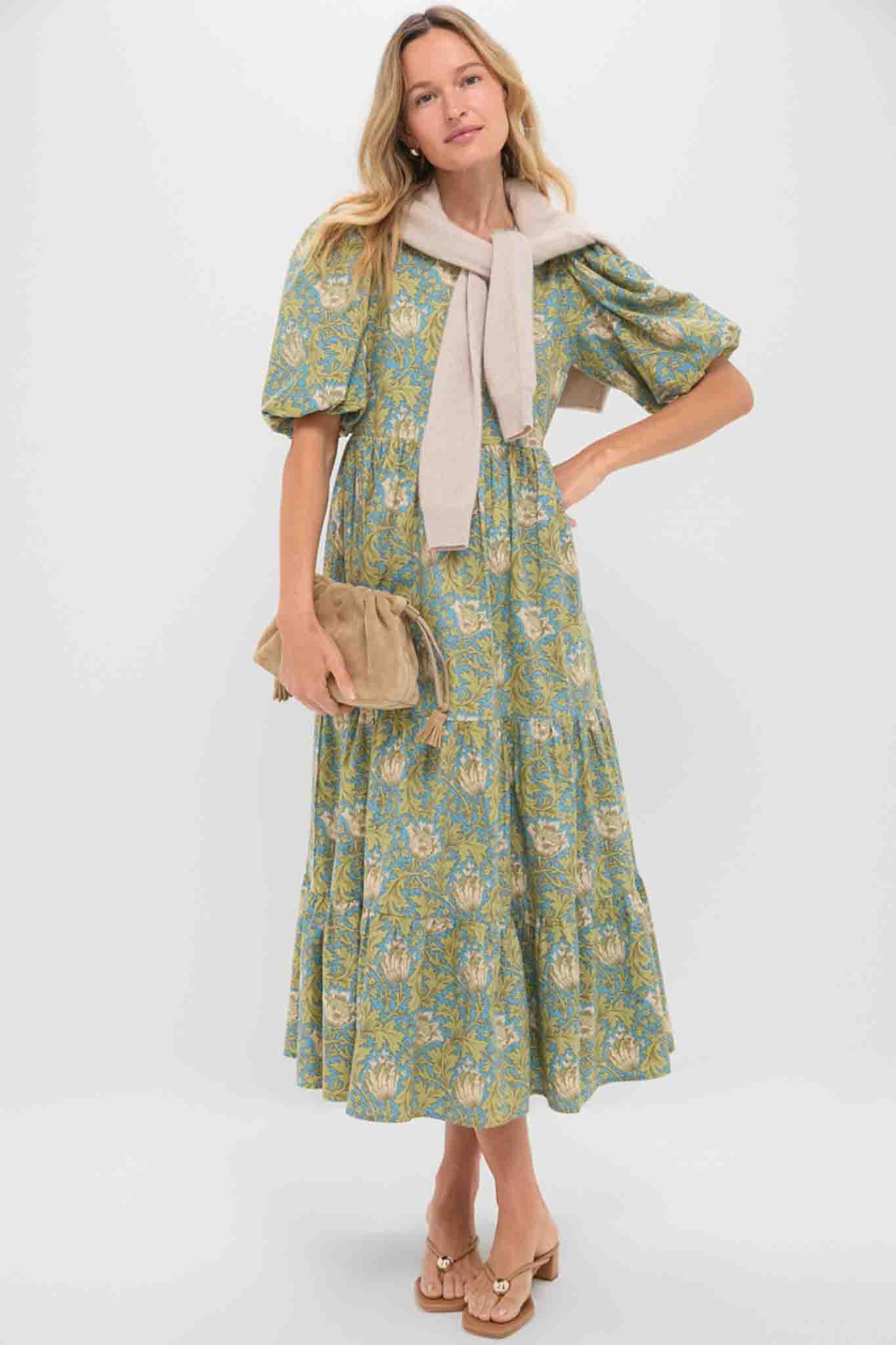 Blue and Green Leafy Floral Cisco Maxi Dress