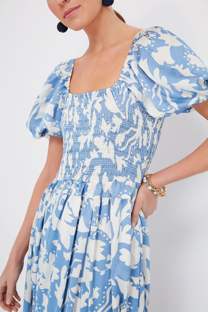 Blue Puff Sleeve Midi Dress
