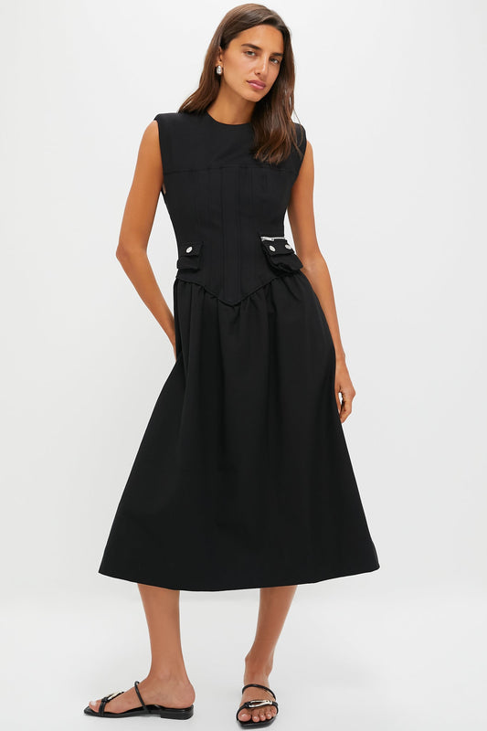 Black Heavy Cotton Tailoring Corset Midi Dress