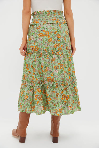 Mint and Orange Floral Smocked Odette Midi Skirt