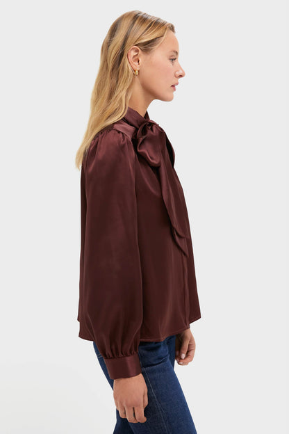 Chocolate Satin Brianna Bow Blouse