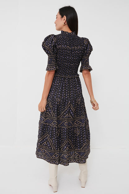 Blue Delphine Pucker Cotton Puff Sleeve Smocked Dress