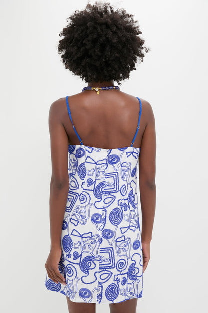 White & Royal Blue Applique Santorini Mini Dress